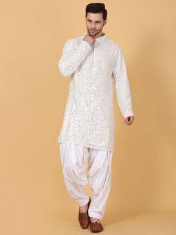 Aham-Vayam - Men'S Cotton Embroidered White Kurta with Dhoti