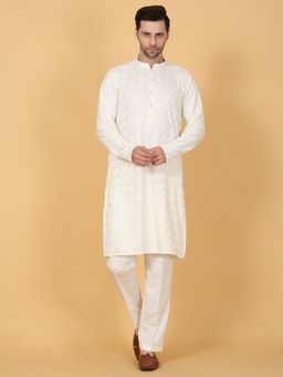 Aham-Vayam - Men'S Cotton Silk Embroidered Off White Kurta with Pant