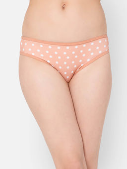 Clovia - Low Waist Polka Dot Print Bikini Panty In Peach Colour With Sheer Back