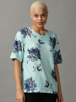 SHOWOFFFF - Womens Round Neck Printed Turquoise Regular Top