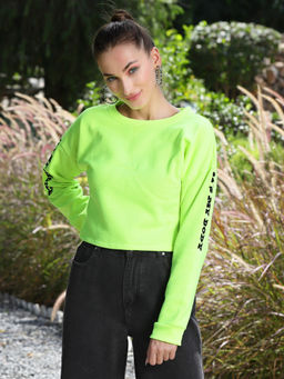 AAREIN - Women Green Typography Crop Pullover Sweatshirt