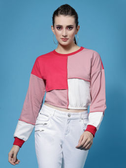 AAREIN - Women Pink Colorblock Pullover Crop Cotton Sweatshirt