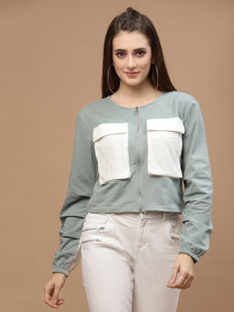 AAREIN - Women Green Front-Open Cotton Sweatshirt