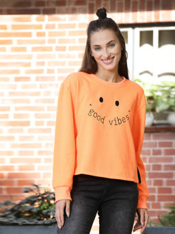 AAREIN - Women Orange Typography Printed Side Slit Sweatshirt