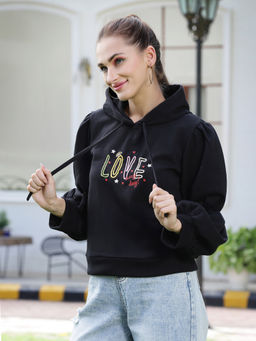 AAREIN - Women Black Embroidered Hooded Puff Sleeves Sweatshirt