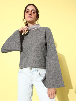 AAREIN - Women Grey Woollen Fuzzy Detail Top