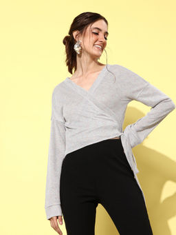 AAREIN - Women Grey Self Design V-Neck Wrap Top