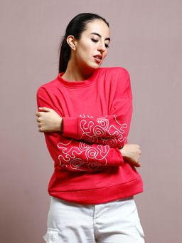 AAREIN - Women Red Embroidered Sweatshirt