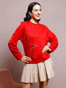 AAREIN - Women Red Round Neck Embellished Pullover Sweatshirt