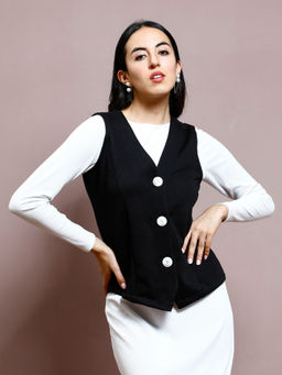 AAREIN - Women Black Front-Open Sleeveless Waist Coat