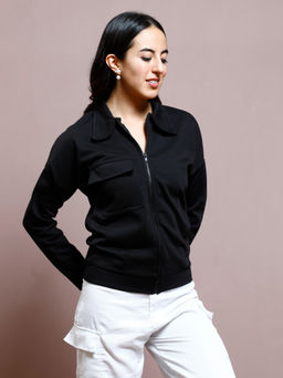 AAREIN - Women Black Collar Neck Front-Open Jacket