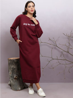 AAREIN - Burgundy Typography Cotton T-Shirt Midi Dress