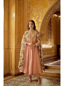 WOOMN - Pink Chanderi A-Line Kurta with Pant and Dupatta