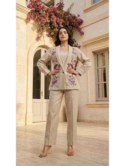 WOOMN - Beige Jute Floral Patchwork Schiffli Co-Ord Set