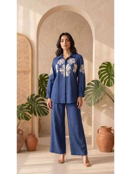 WOOMN - Blue Cotton Slub Floral Co-Ord Set