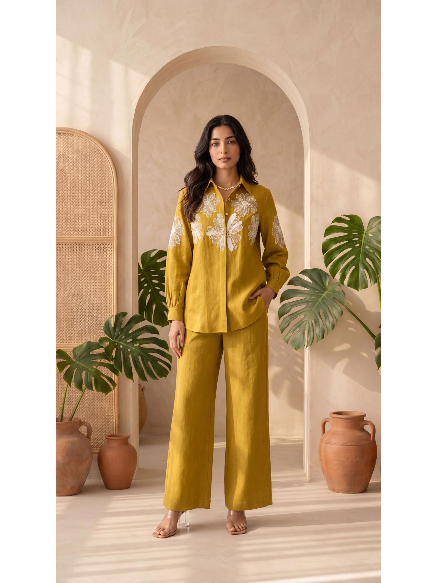woomn Mustard Cotton Slub Floral Co-Ord Set-picture-24