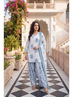 WOOMN - Blue Cotton Straight Kurta with Pant and Dupatta