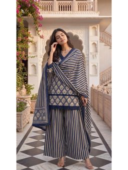 WOOMN - Blue Cotton Straight Kurta with Palazzo and Dupatta