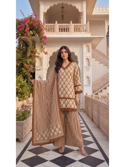 WOOMN - Brown Cotton Straight Kurta with Palazzo and Dupatta