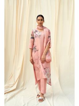 THREE-THREE - Pink Bella Linen Kurta with Pant and Dupatta