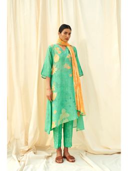 THREE-THREE - Green Dolce Linen Kurta with Pant and Dupatta