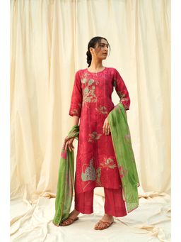 THREE-THREE - Red Splendid Linen Kurta with Pant and Dupatta