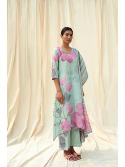 THREE-THREE - Green Luce Linen Kurta with Pant and Dupatta