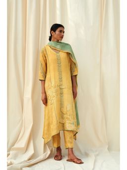 THREE-THREE - Yellow Vento Linen Kurta with Pant and Dupatta