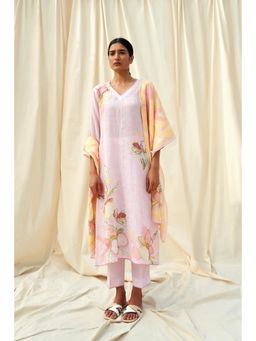 THREE-THREE - Pink Radioso Linen Kurta with Pant and Dupatta