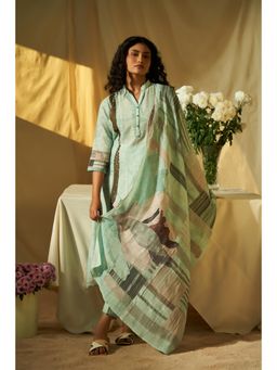 THREE-THREE - Aqua Pace Linen Kurta with Pant and Dupatta