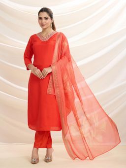 NIKATT - Orange Embroidered Kurta with Pant and Dupatta