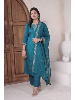 NIKATT - Teal Blue Embroidered Kurta with Palazzo with Dupatta
