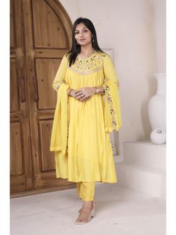NIKATT - Yellow Embroidered Anarkali Kurta with Pant and Dupatta