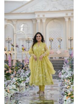NIKATT - Lime Yellow Floral Printed Anarkali Kurta with Pant and Dupatta