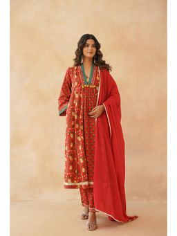 Tara-C-Tara - Red Maroon Block Printed Cotton Anarkali with Pant and Dupatta