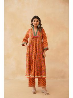 Tara-C-Tara - Orange Block Printed Cotton Anarkali with Pant and Dupatta