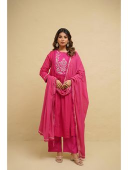 Tara-C-Tara - Hot Pink Embroidered Voile Cotton Anarkali Kurta with Pant and Dupatta