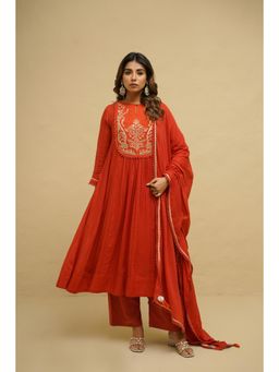 Tara-C-Tara - Rust Orange Embroidered Voile Cotton Anarkali Kurta with Pant and Dupatta