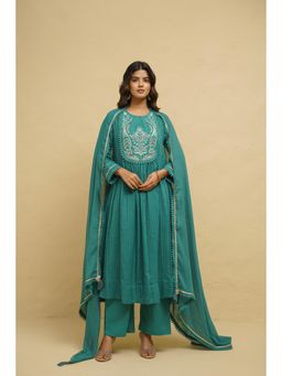 Tara-C-Tara - Teal Green Embroidered Voile Cotton Anarkali Kurta with Pant and Dupatta