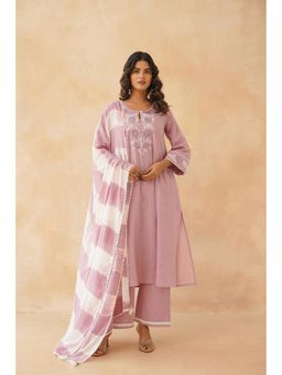 Tara-C-Tara - Dusty Pink Ruffle Dobby Embroidered Kurta with Pant and Dupatta