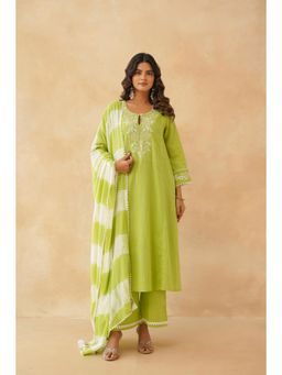 Tara-C-Tara - Lime Green Ruffle Dobby Embroidered Kurta with Pant and Dupatta