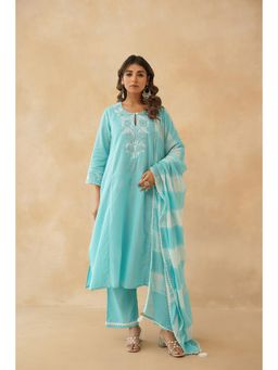Tara-C-Tara - Aqua Grace Ruffle Dobby Embroidered Kurta with Pant and Dupatta