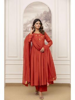 Tara-C-Tara - Elegant Rust Pure Cotton Anarkali with Pant and Dupatta