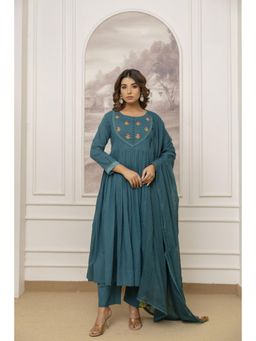 Tara-C-Tara - Teal Blue Pure Cotton Anarkali Kurta with Pant and Dupatta