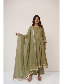 Tara-C-Tara - Olive Green Gotta Patti Anarkali with Pant and Dupatta