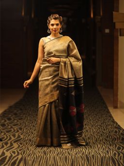 Beatitude - Beige Shade Handwoven Desi Tussar Silk Saree Unstitched Blouse