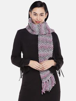 Magic Needles - Women Grey Pink Self Design Handmade Seed Stitch Thick Shaded Scarf