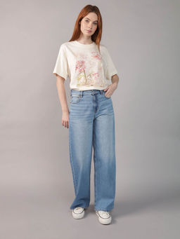 American Eagle - Women Cream Oversized Graphic Print T-Shirt