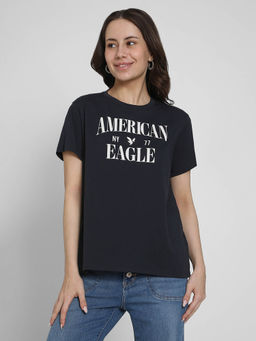 American Eagle - Women Black Round Neck Half Sleeves T-Shirt