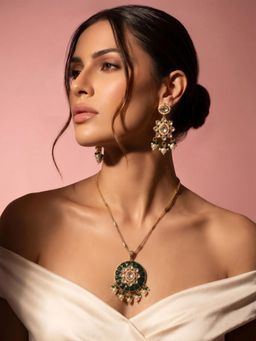ADIVA - Gold-Plated Green Polki Kundan Pearl Drop Jewellery Set
